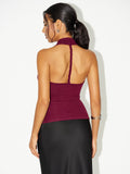 Boğazlı Halter Bluz Kolsuz Jerse Bordo