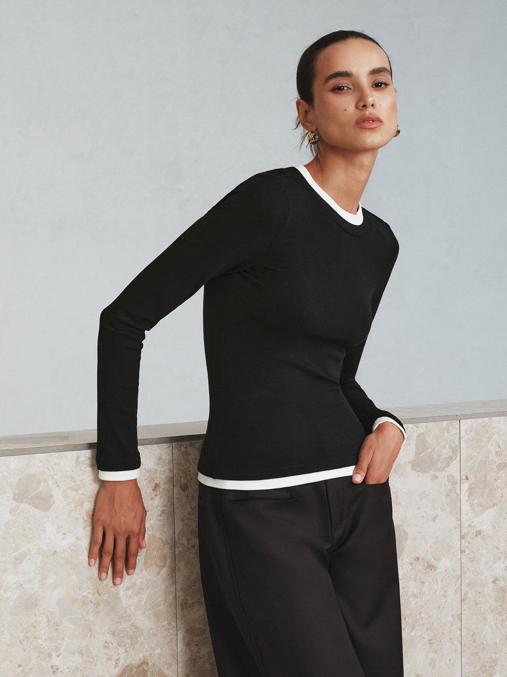 Kontrast Dikiş Uzun Kollu Tişört Siyah Slim Fit
