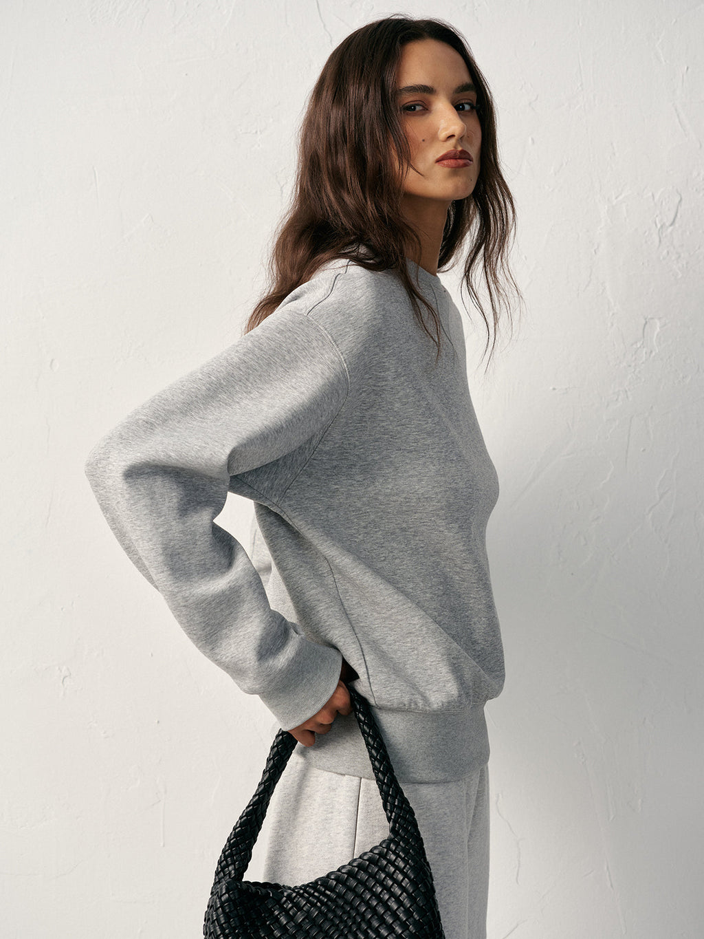 Pamuk Karışımlı Yuvarlak Yaka Sweatshirt Açık Gri Uzun Kollu