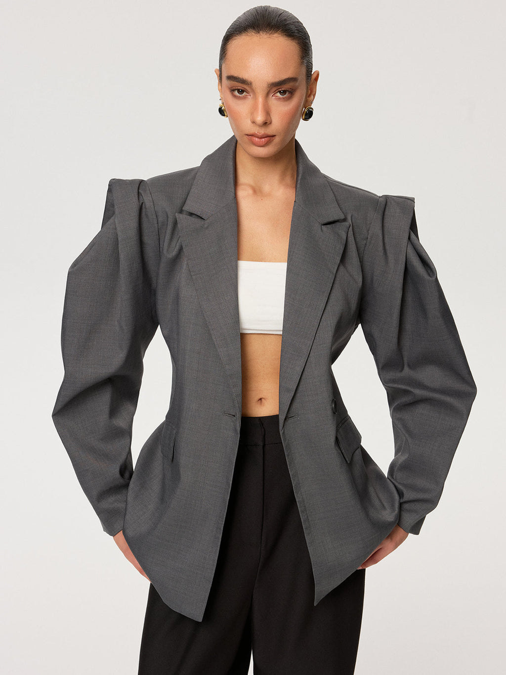 Kemerli Uzun Kollu Blazer Gri Bağcıklı