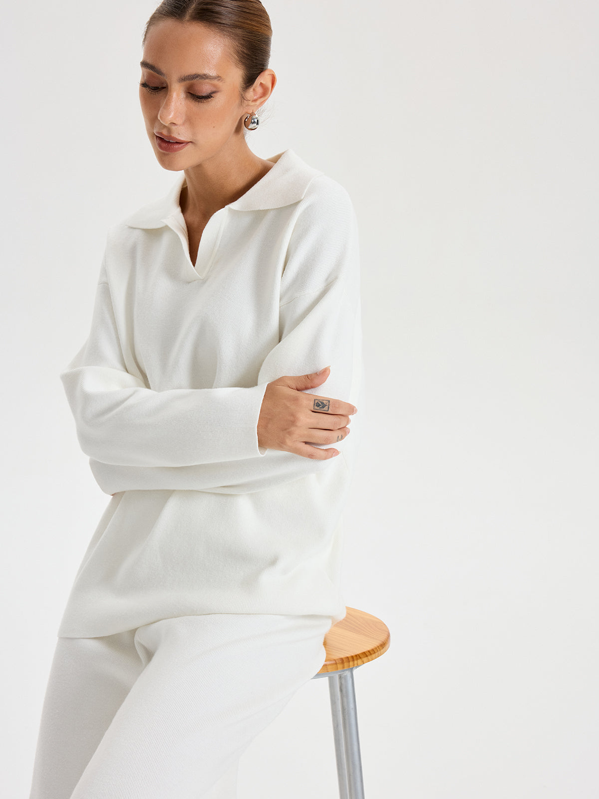 Oversized Polo Triko Takım Seti Beyaz Düz Kesim