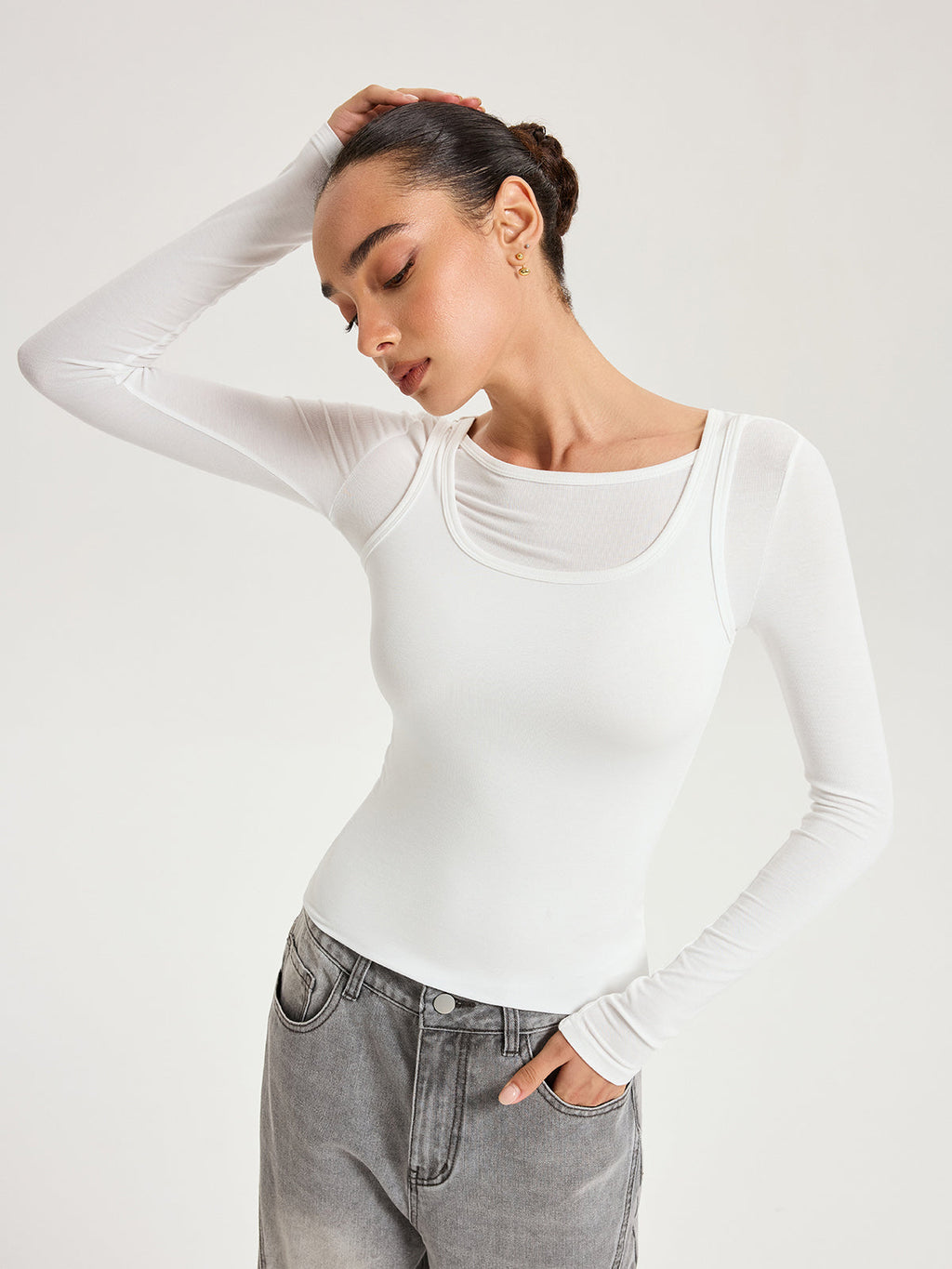2'li Uzun Kollu Modal Tişört Beyaz Slim Fit