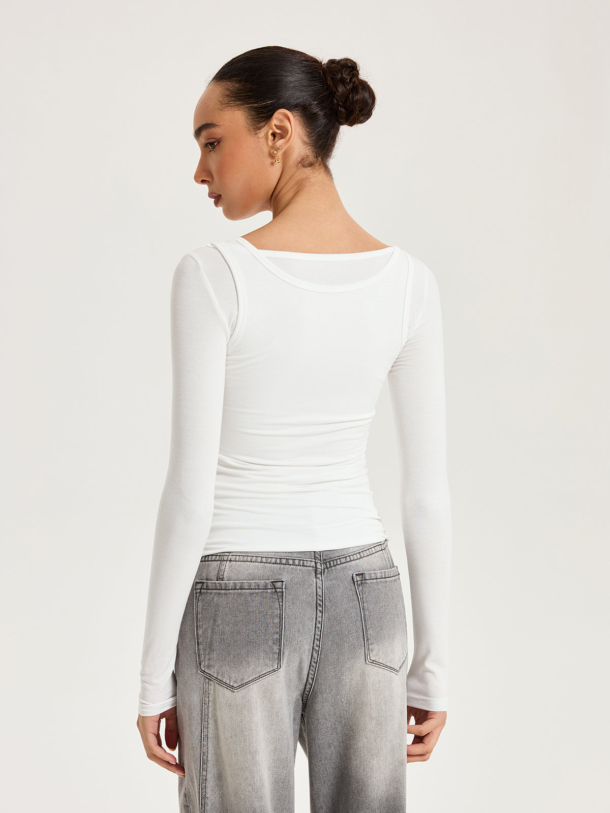 2'li Uzun Kollu Modal Tişört Beyaz Slim Fit
