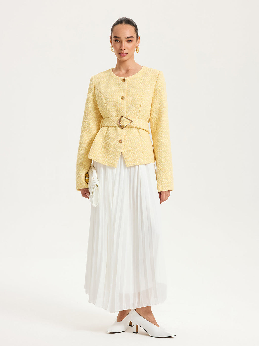 Düğme Detaylı Kemerli Tweed Ceket Sarı Regular Fit