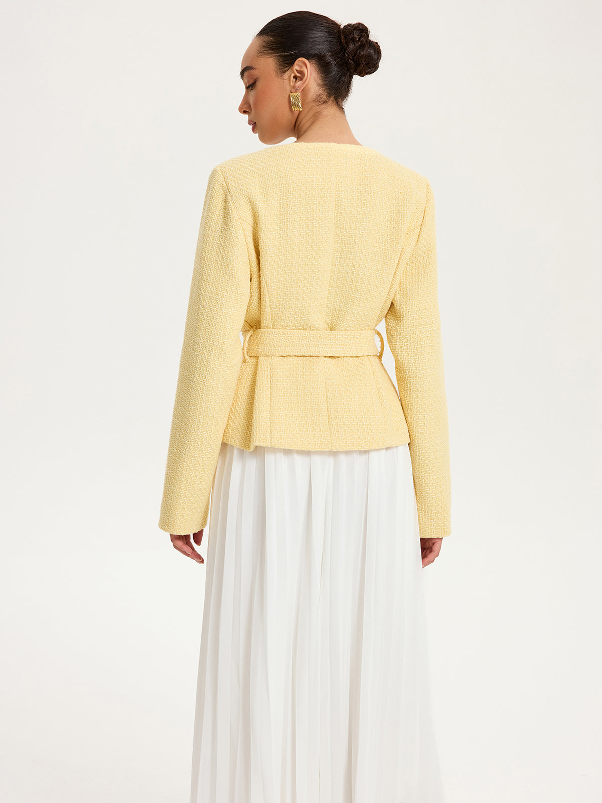 Düğme Detaylı Kemerli Tweed Ceket Sarı Regular Fit
