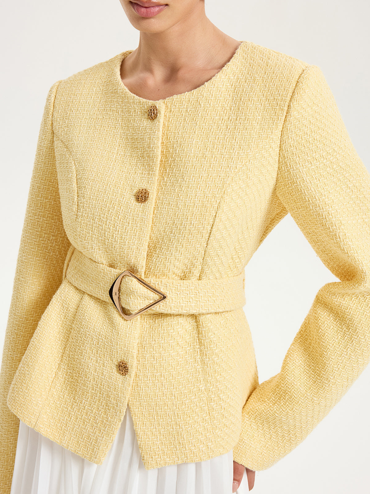 Düğme Detaylı Kemerli Tweed Ceket Sarı Regular Fit