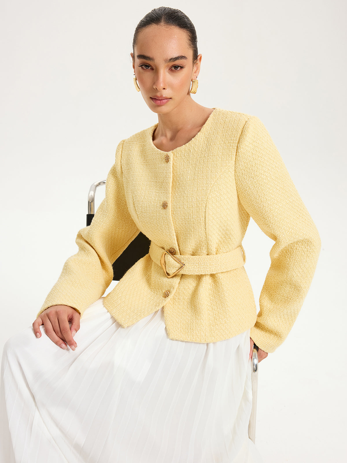 Düğme Detaylı Kemerli Tweed Ceket Sarı Regular Fit