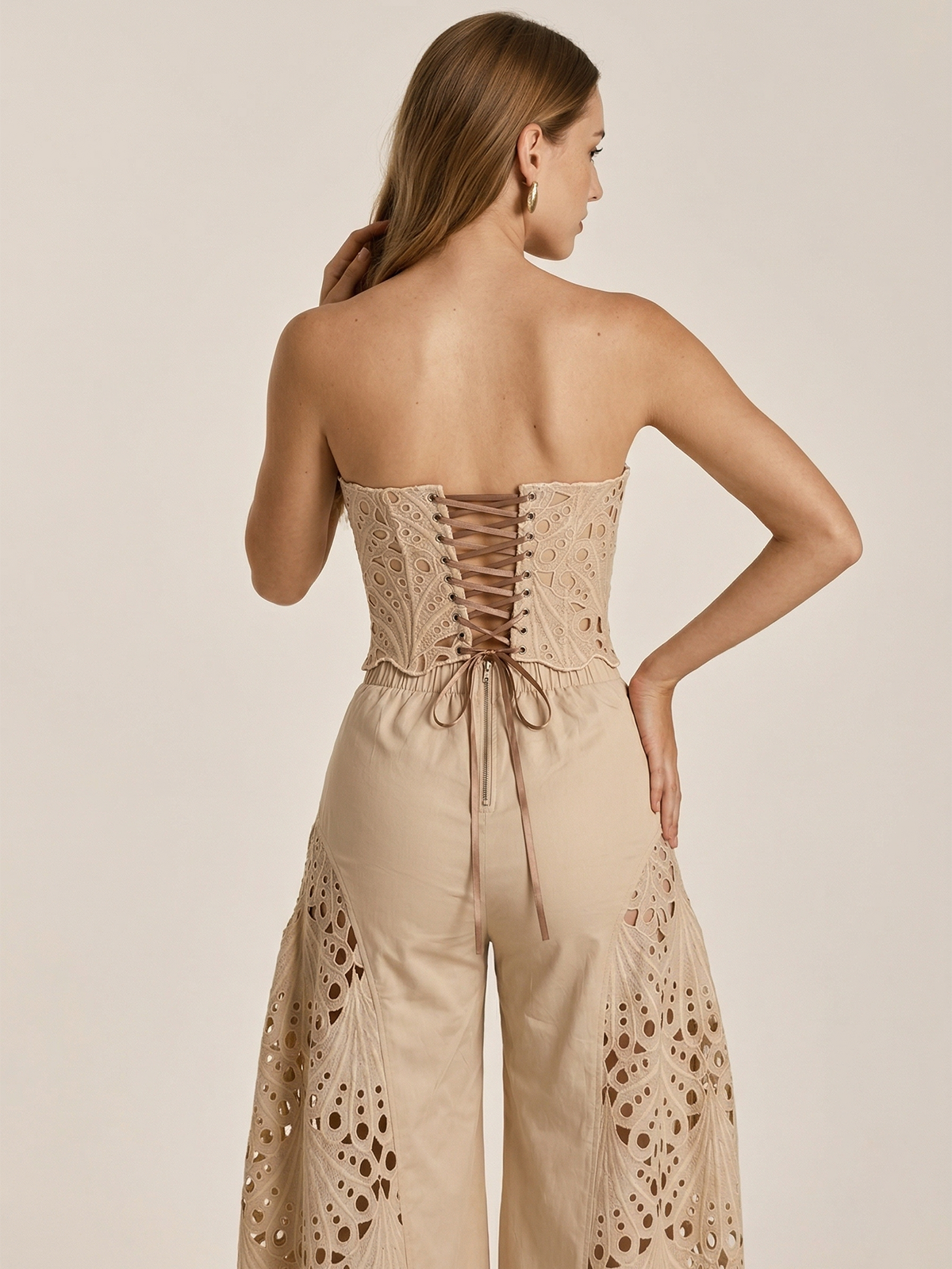 Straplez Dantel Üst Bol Paça Pantolon Takım