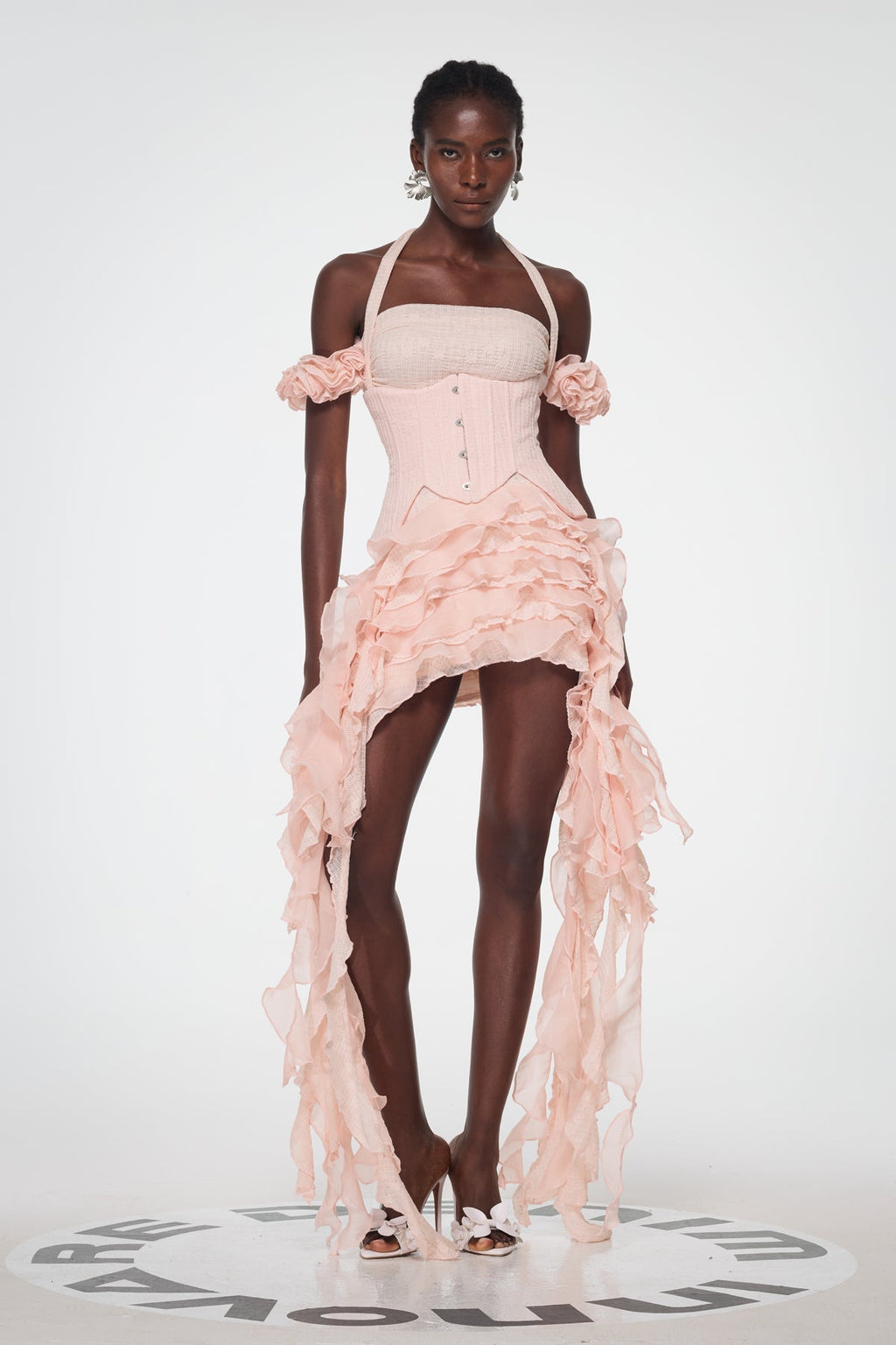 Baha Ruch Ruffle Fringe Mini Elbise Pembe