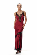 Bess Lace Plunge Saten Kırmızı Uzun Elbise