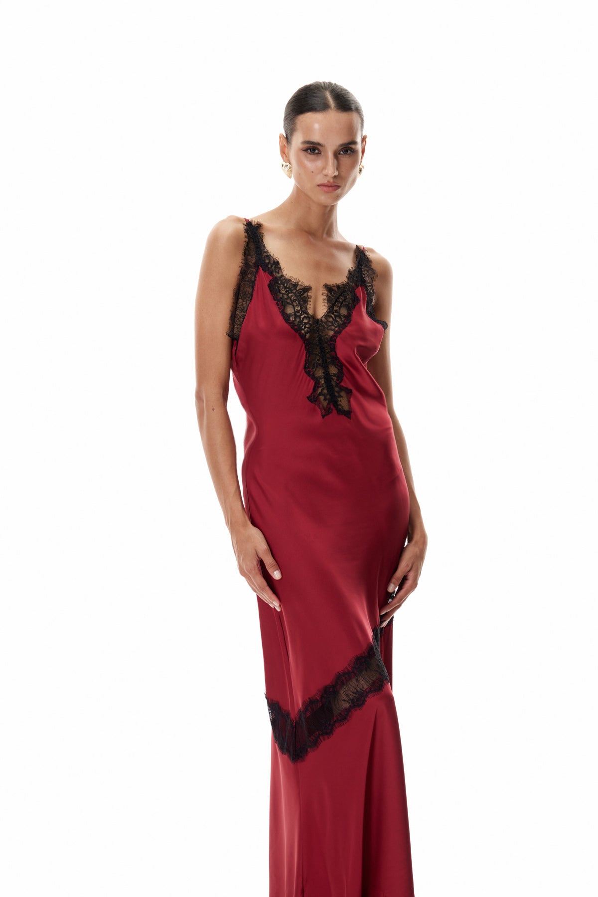 Bess Lace Plunge Saten Kırmızı Uzun Elbise