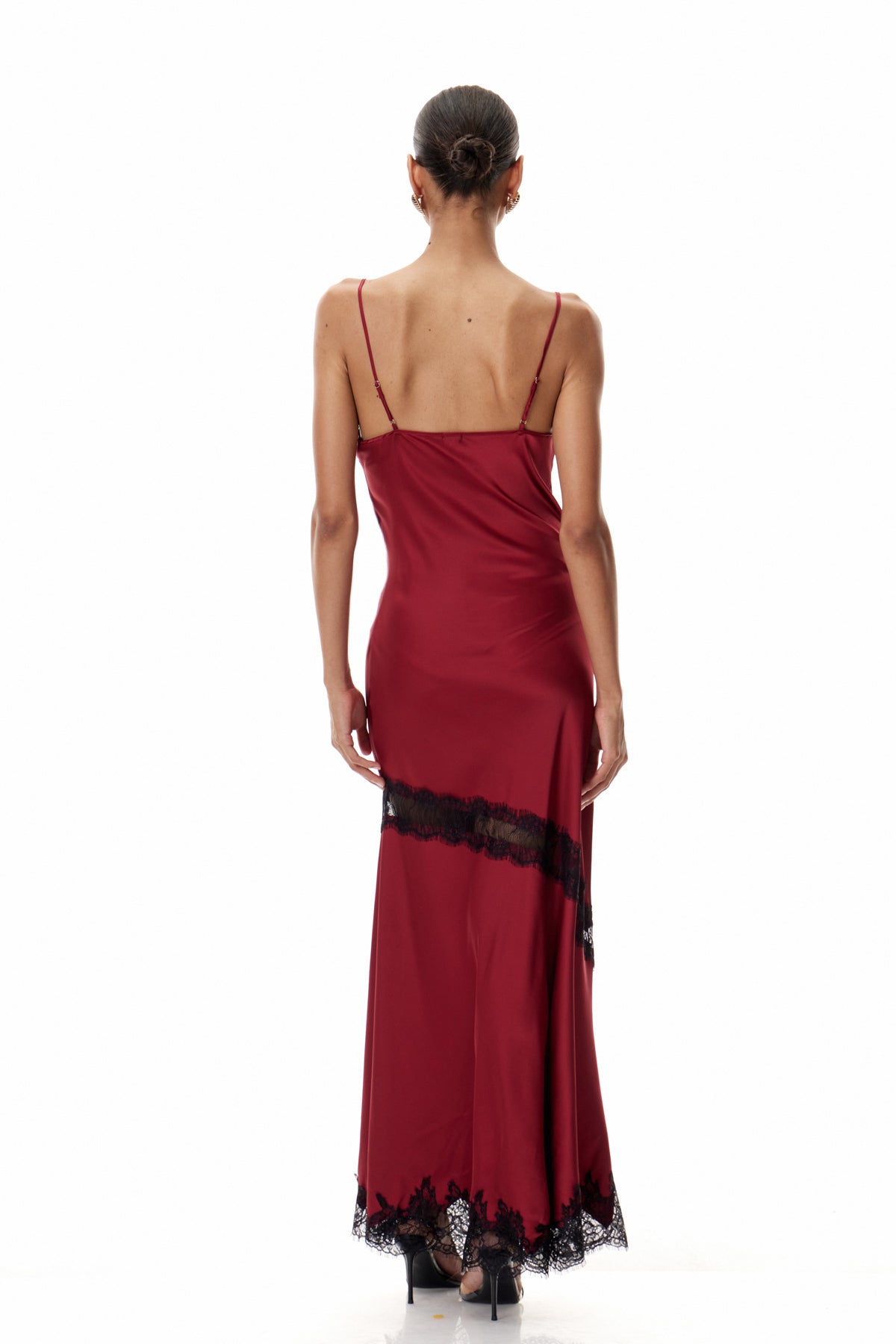 Bess Lace Plunge Saten Kırmızı Uzun Elbise