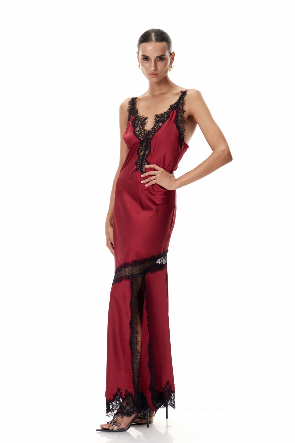 Bess Lace Plunge Saten Kırmızı Uzun Elbise