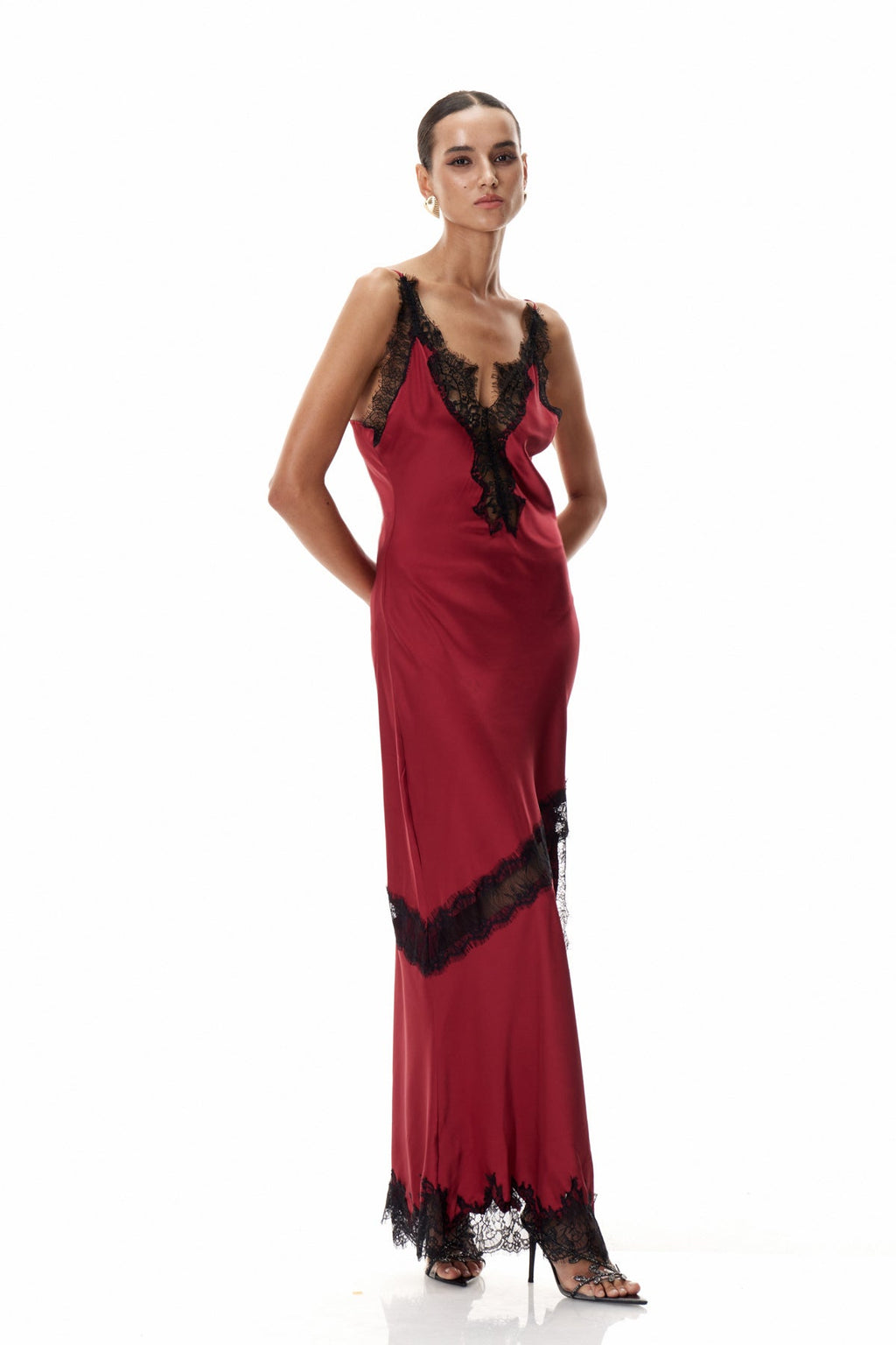 Bess Lace Plunge Saten Kırmızı Uzun Elbise