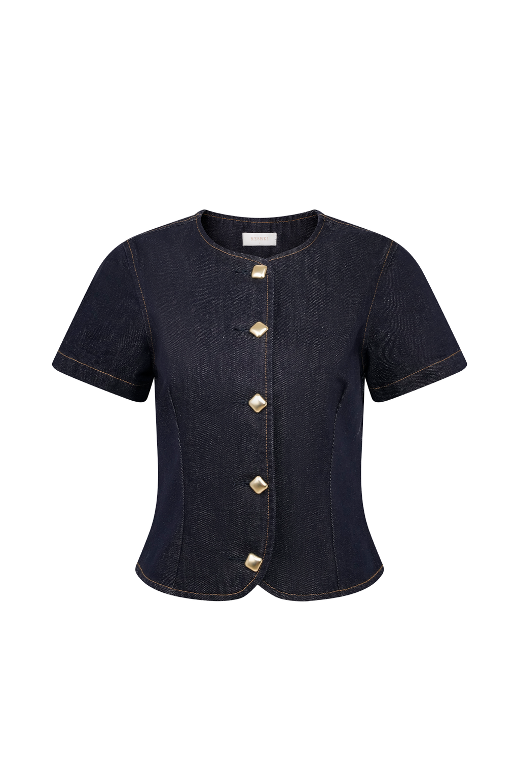 Bethany Kısa Kollu Düğmeli Denim Üst - Yıkanmış İndigo Mavi