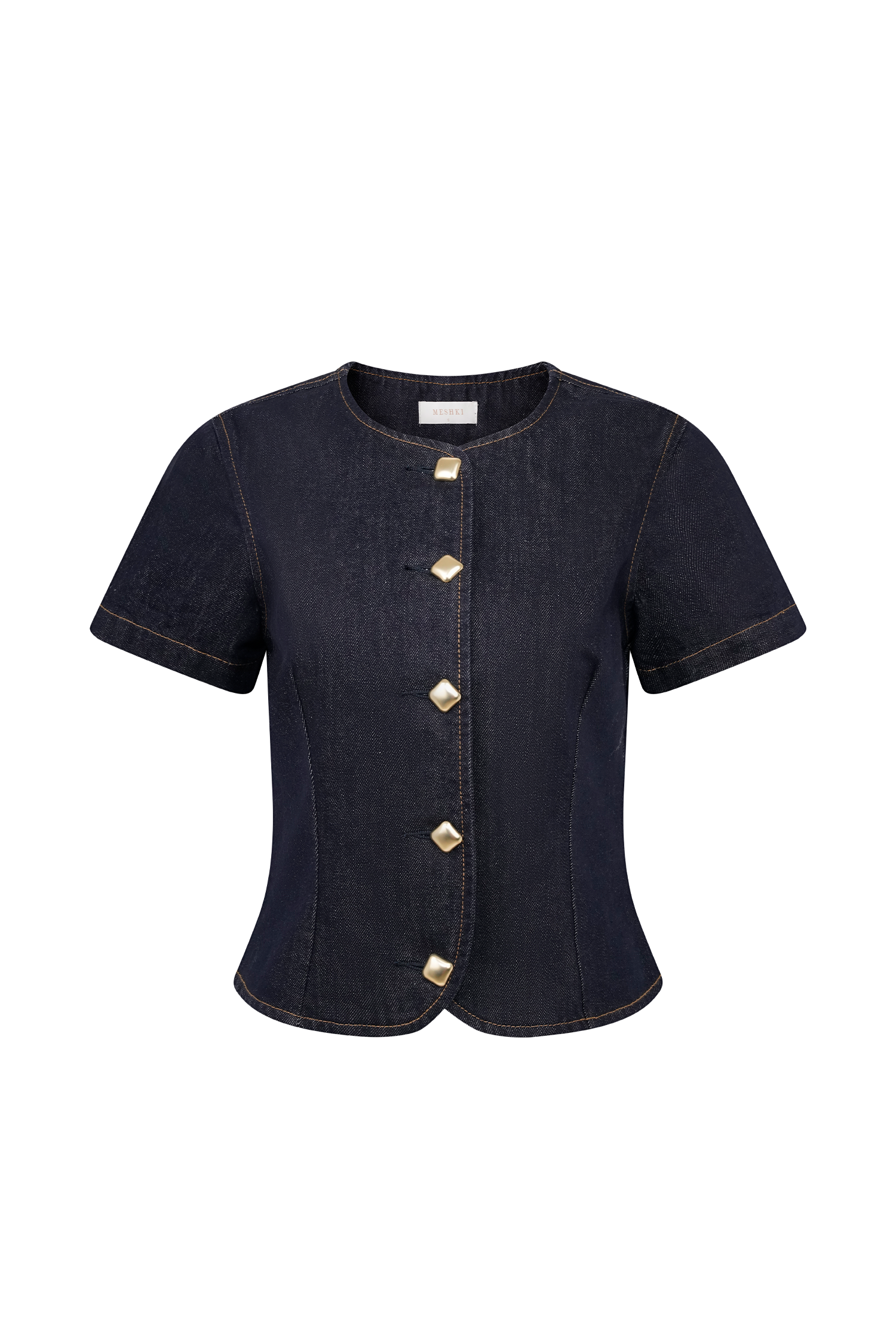 Bethany Kısa Kollu Düğmeli Denim Üst - Yıkanmış İndigo Mavi