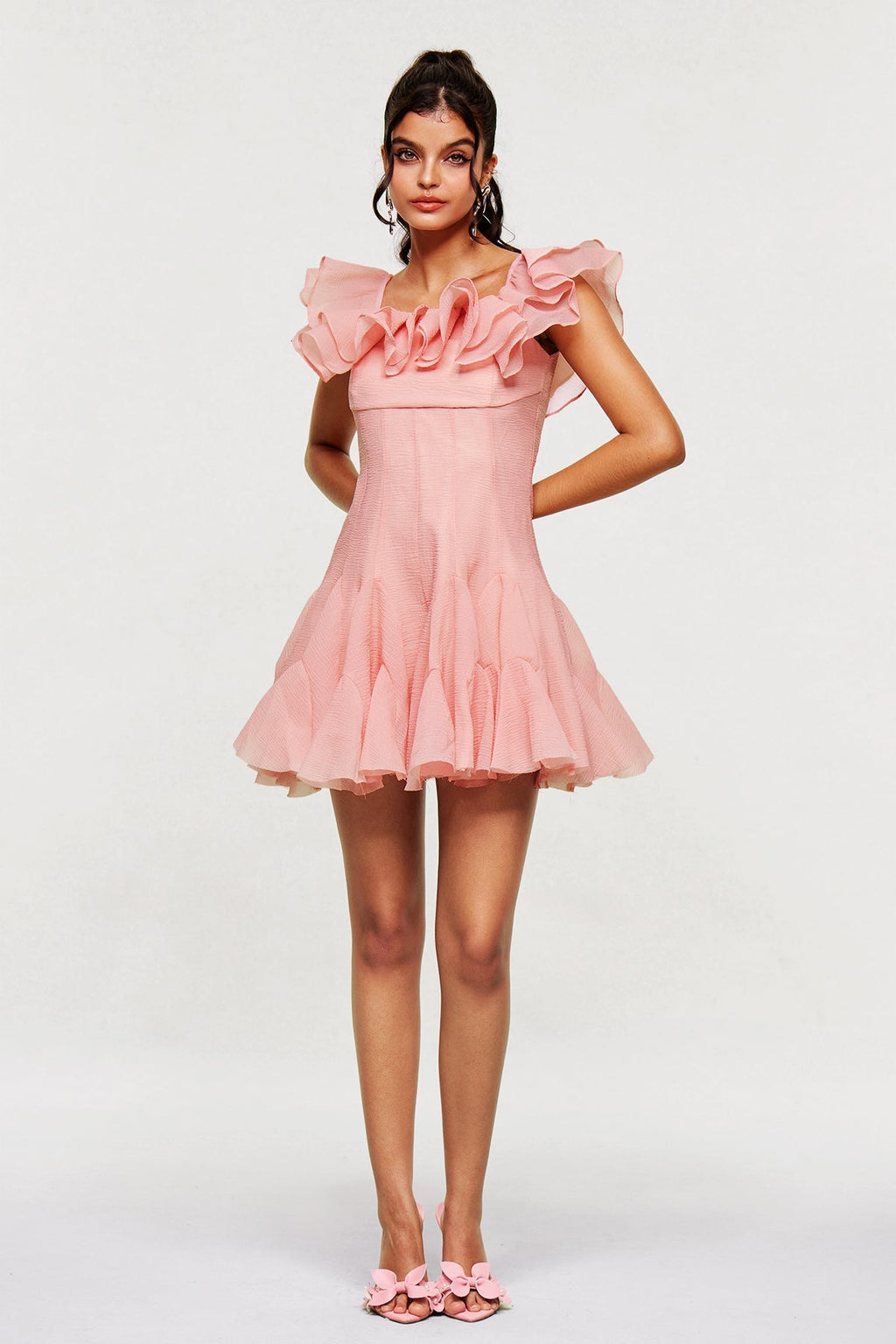 Blago Pembe Volanlı Korse Mini Elbise