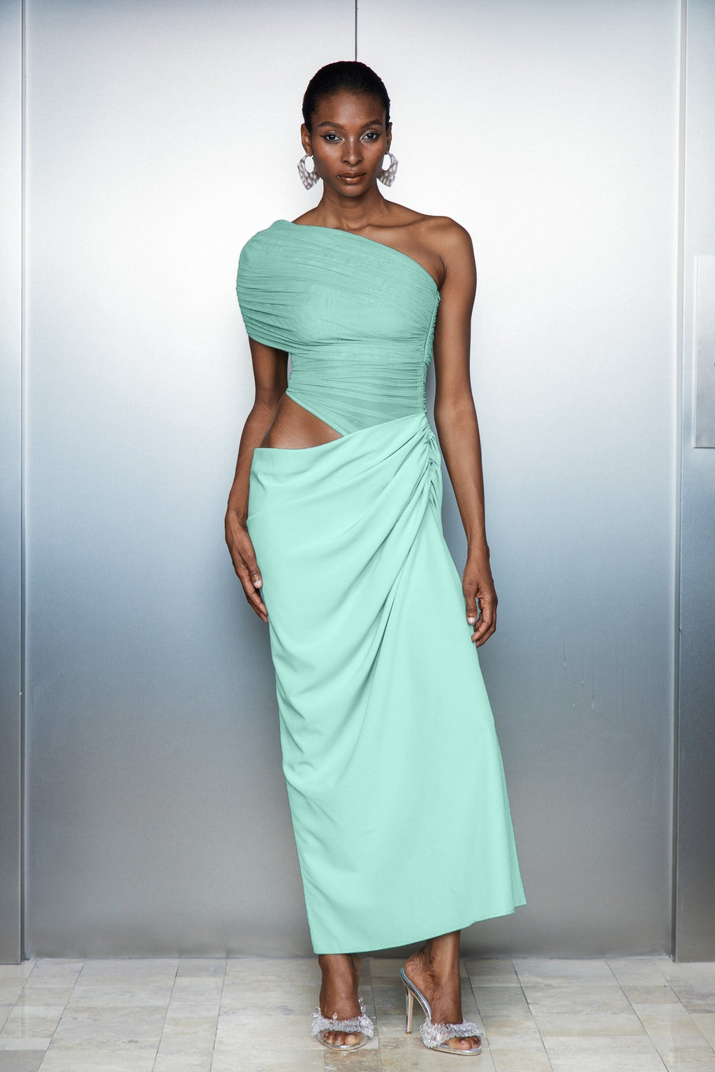 Catharina One Shouder Mesh Ruch Maxi Elbise
