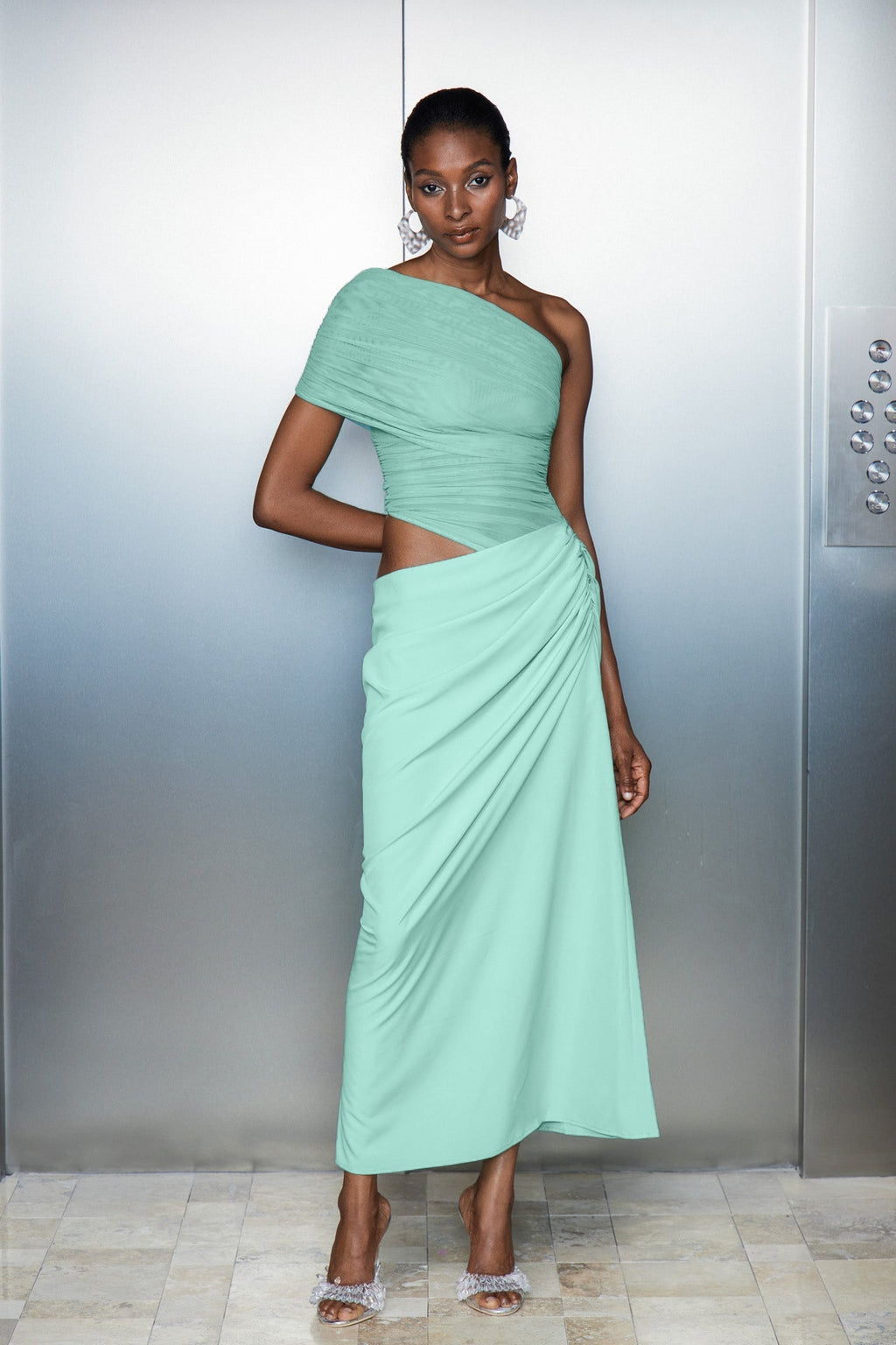 Catharina One Shouder Mesh Ruch Maxi Elbise