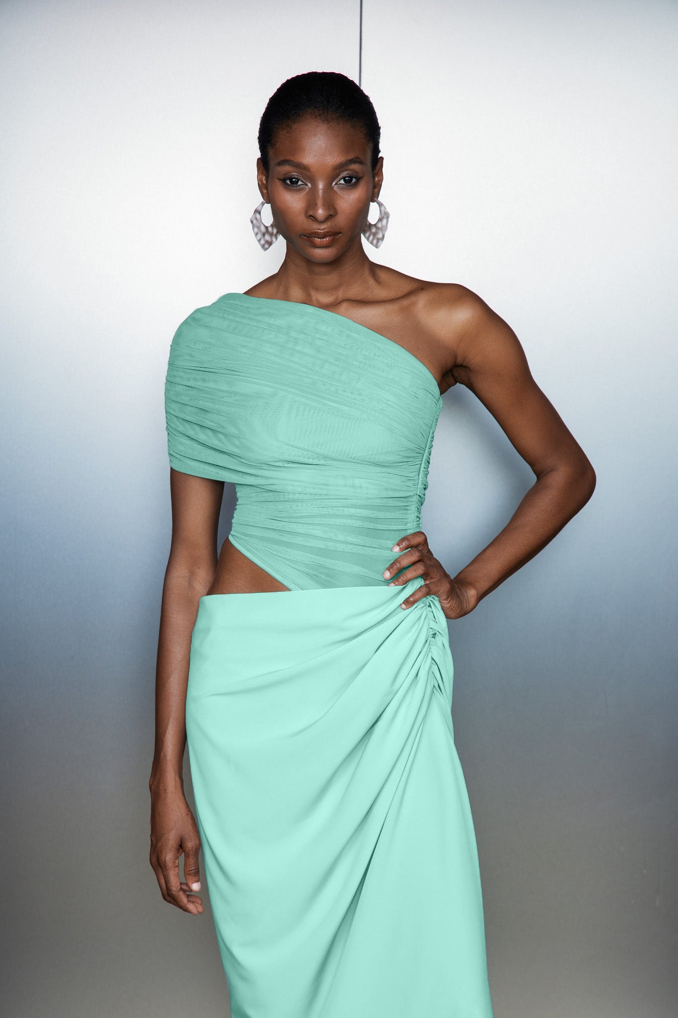 Catharina One Shouder Mesh Ruch Maxi Elbise