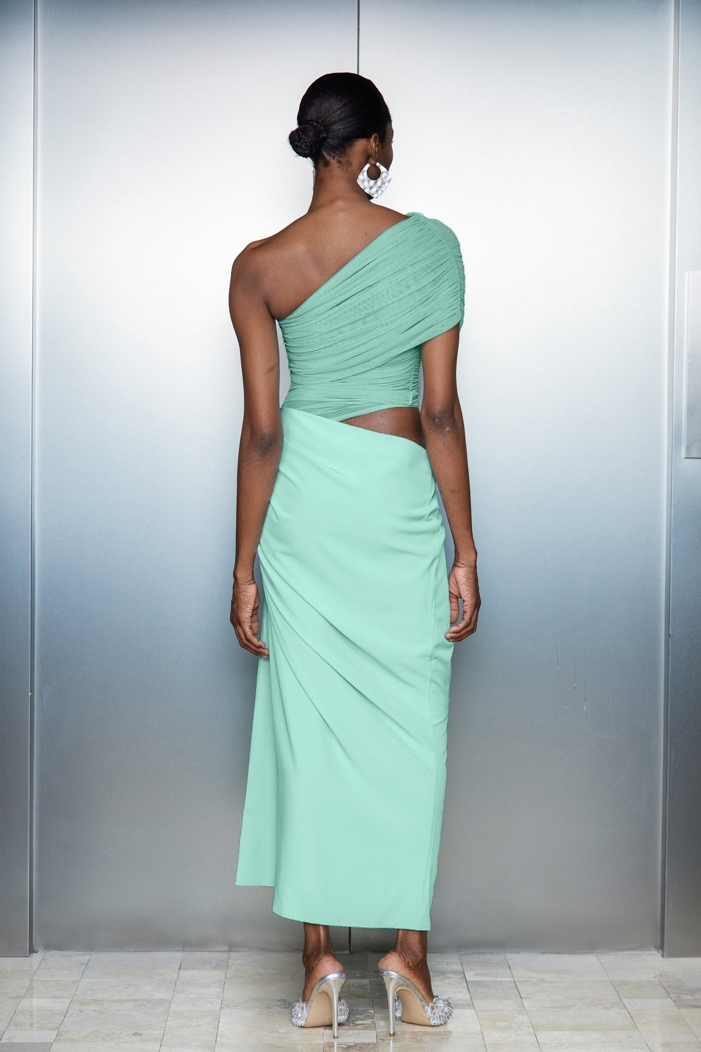 Catharina One Shouder Mesh Ruch Maxi Elbise