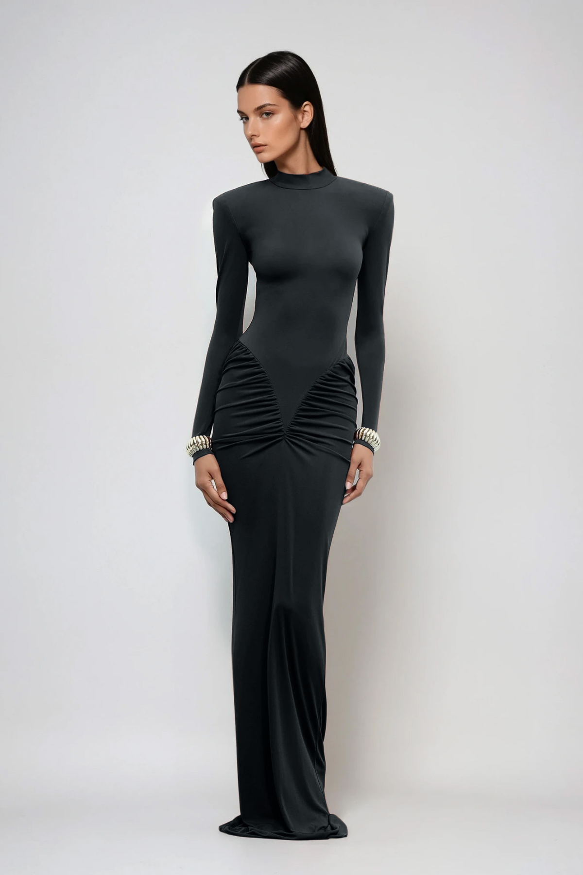 Cesarina Deconstruct Ruch Bodycon Maxi Elbise Siyah