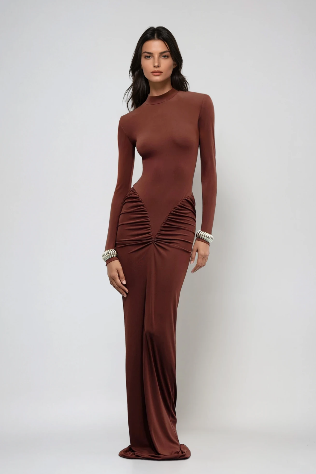 Cesarina Bodycon Maxi Kahverengi Elbise