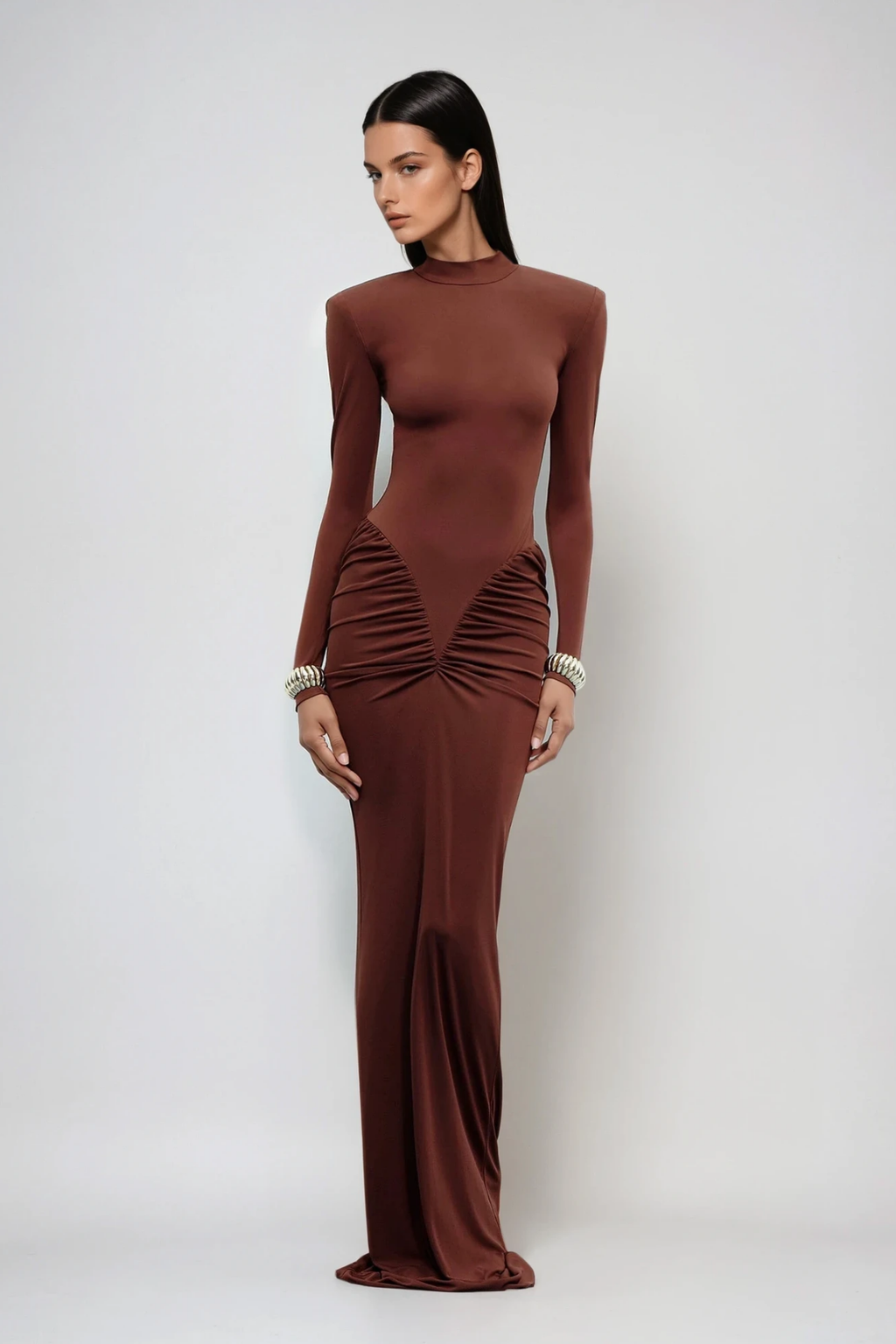 Cesarina Bodycon Maxi Kahverengi Elbise