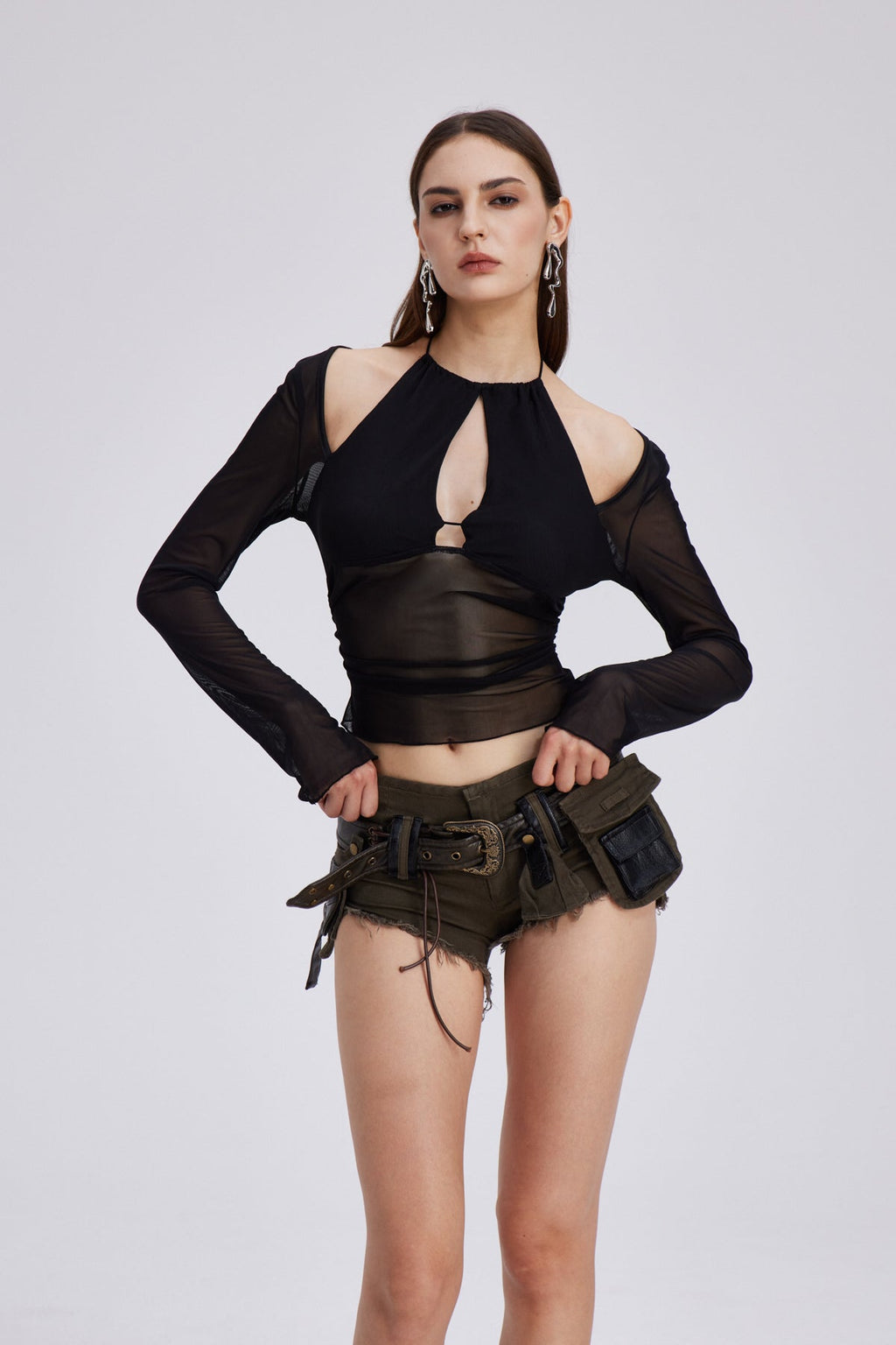 Charmian Mesh Cutout Uzun Kollu Üst