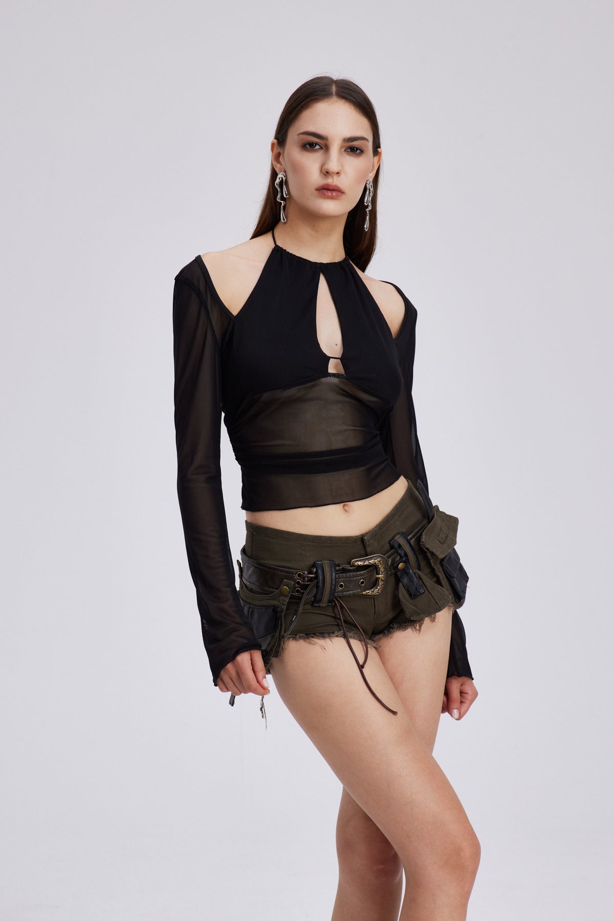 Charmian Mesh Cutout Uzun Kollu Üst