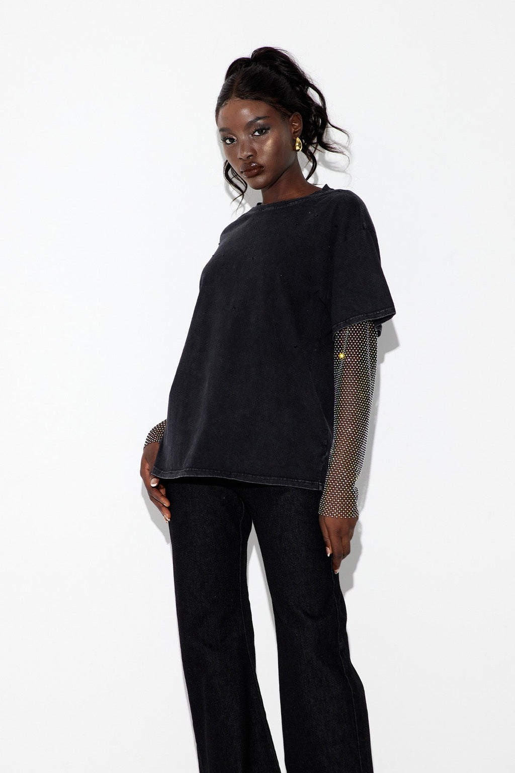 Clas Rhinestone Mesh Üst