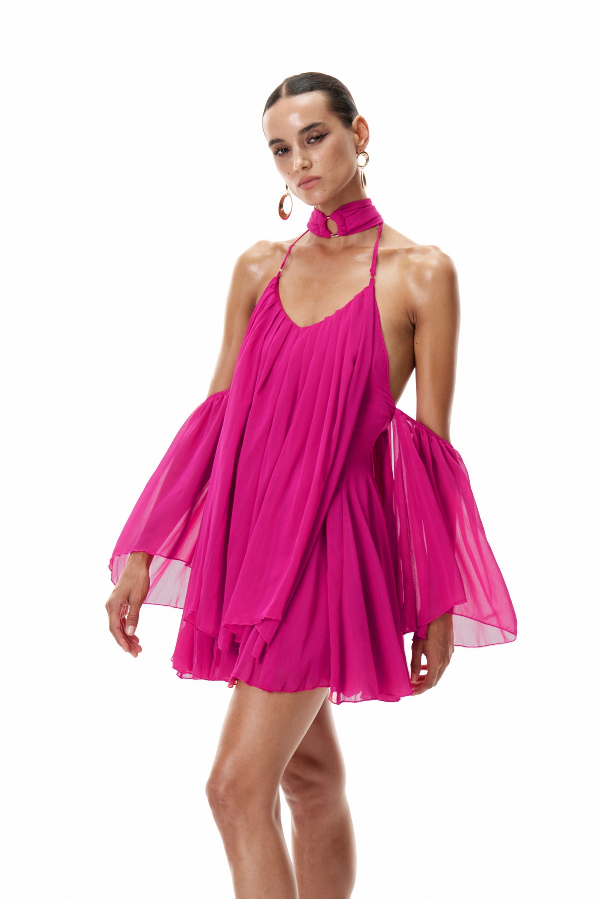Cleto Omuz Açık Dantelli Pembe Mini Elbise
