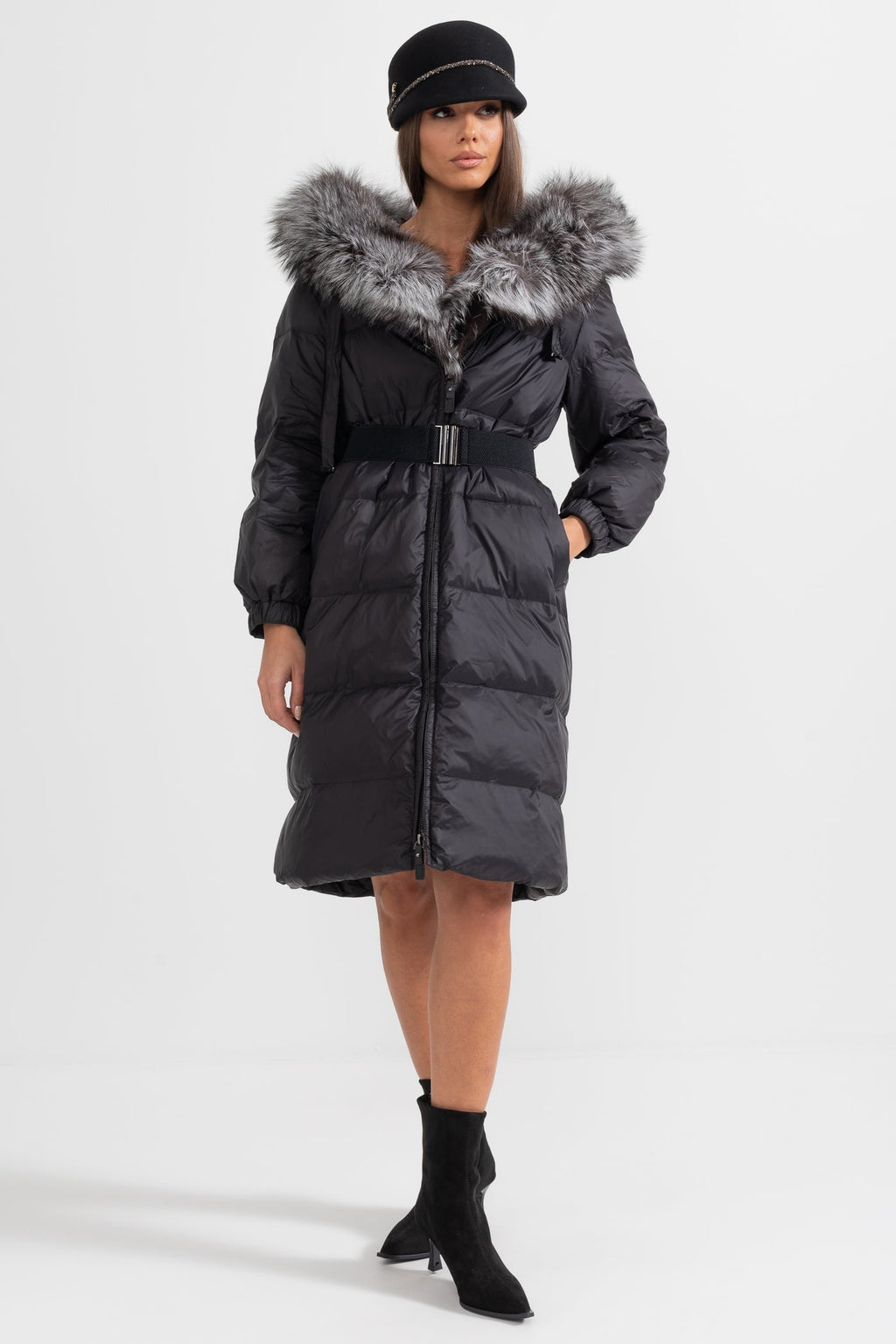 kürk yaka puffer uzun kaban