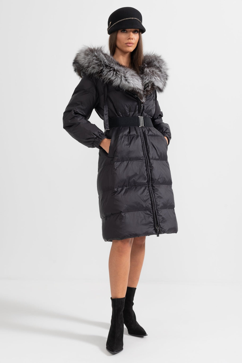 kürk yaka puffer uzun kaban