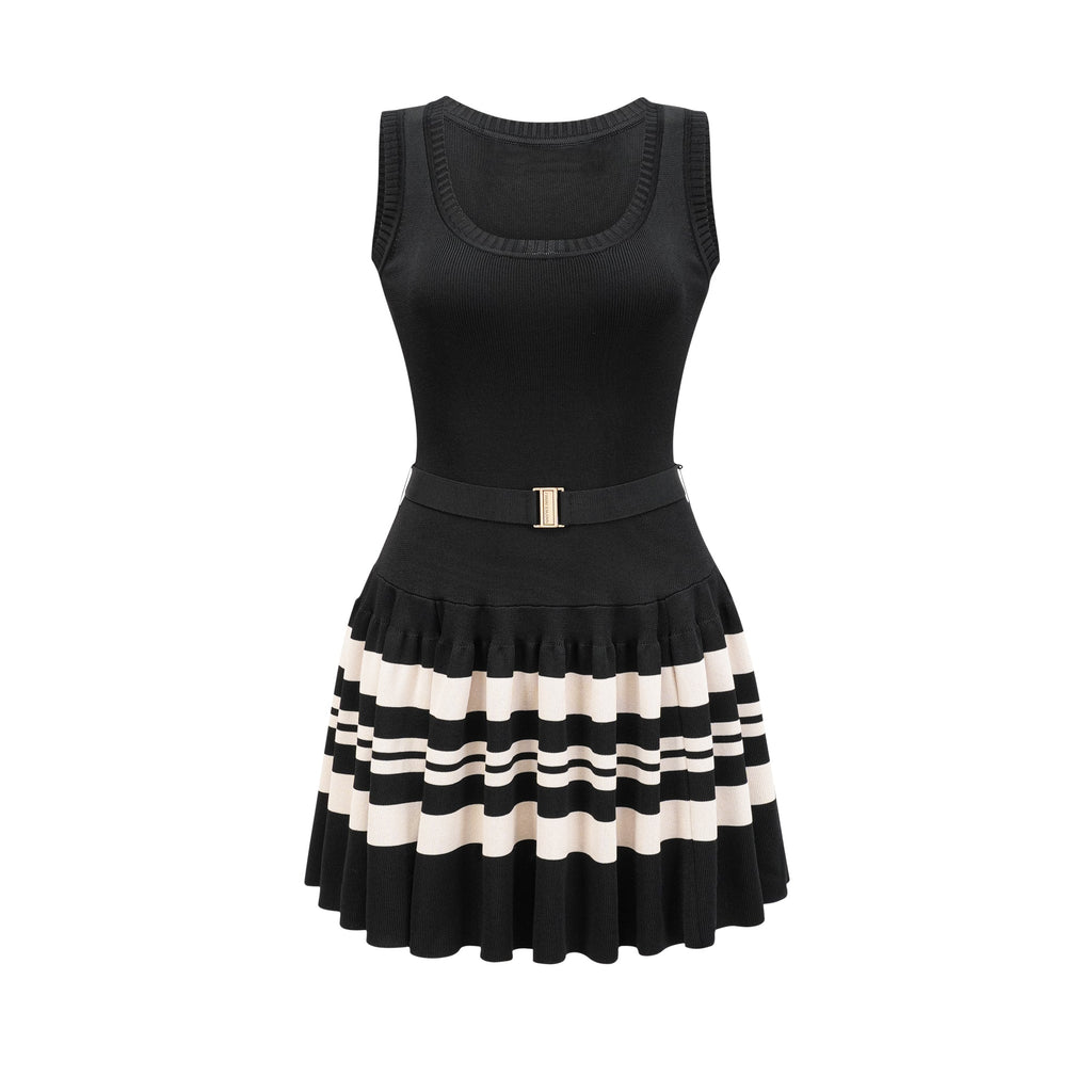 Clothilde Çizgili Desen Pilili Mini Elbise