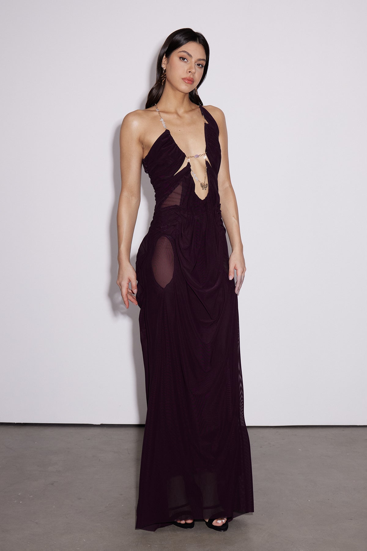 Davis Plunge Chain Asimetrik Maxi Elbise Koyu Mor