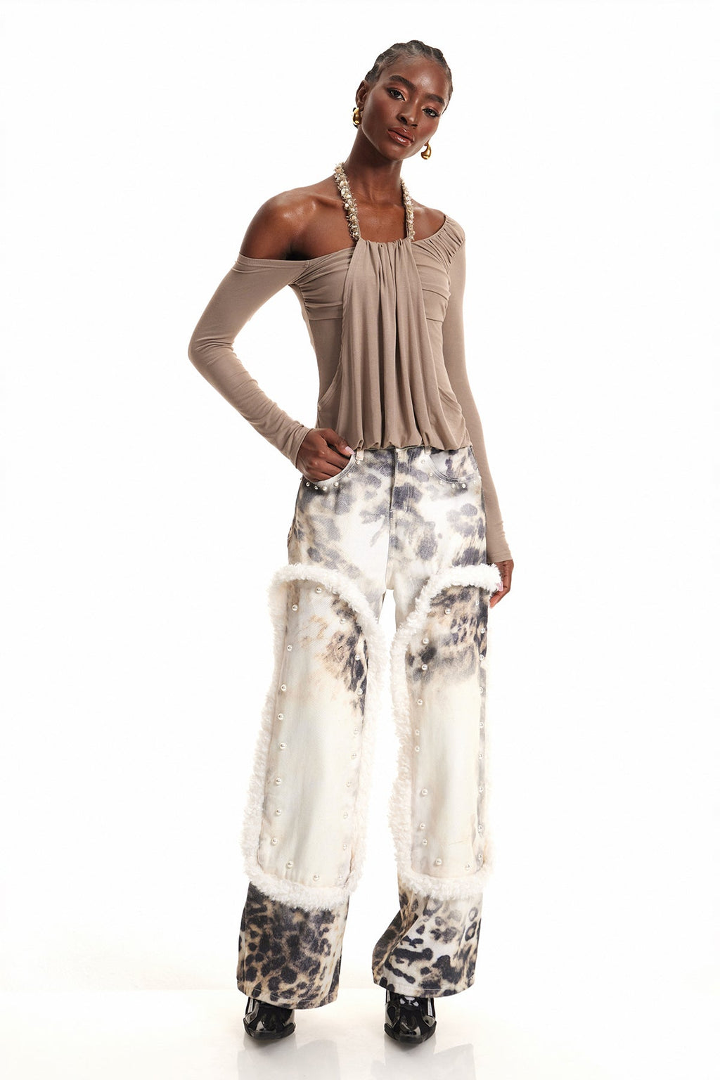 Ender Pearl Leopar Desenli Ağartılmış Kot Pantolon