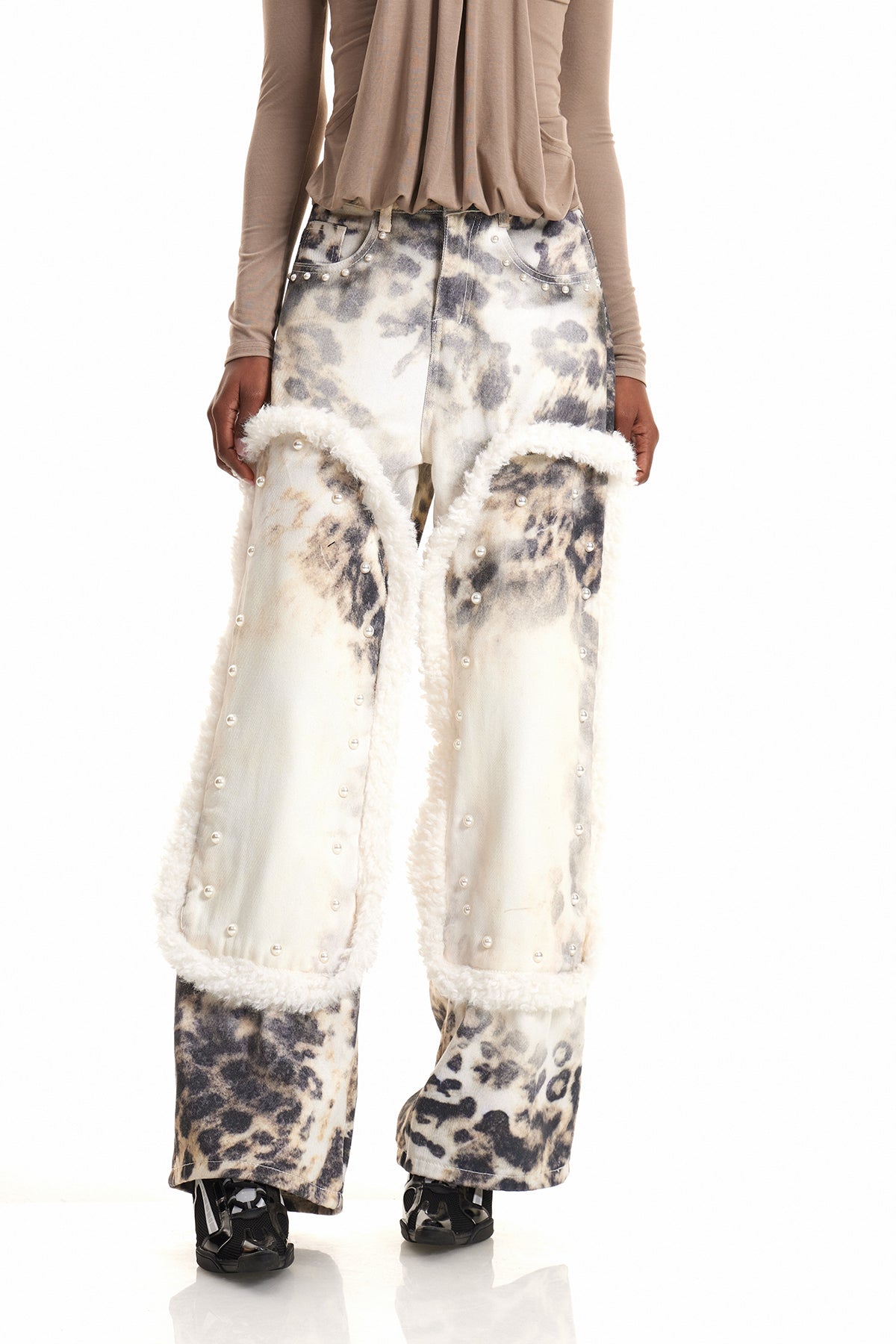 Ender Pearl Leopar Desenli Ağartılmış Kot Pantolon
