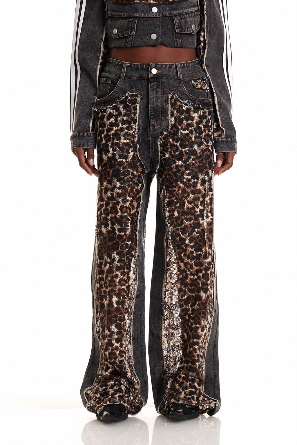 Enki Leopar Desenli Dantelli Dekonstrüksiyon Kot Pantolon