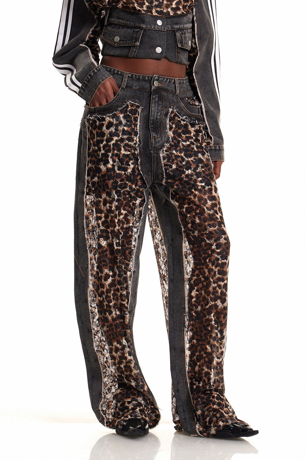 Enki Leopar Desenli Dantelli Dekonstrüksiyon Kot Pantolon