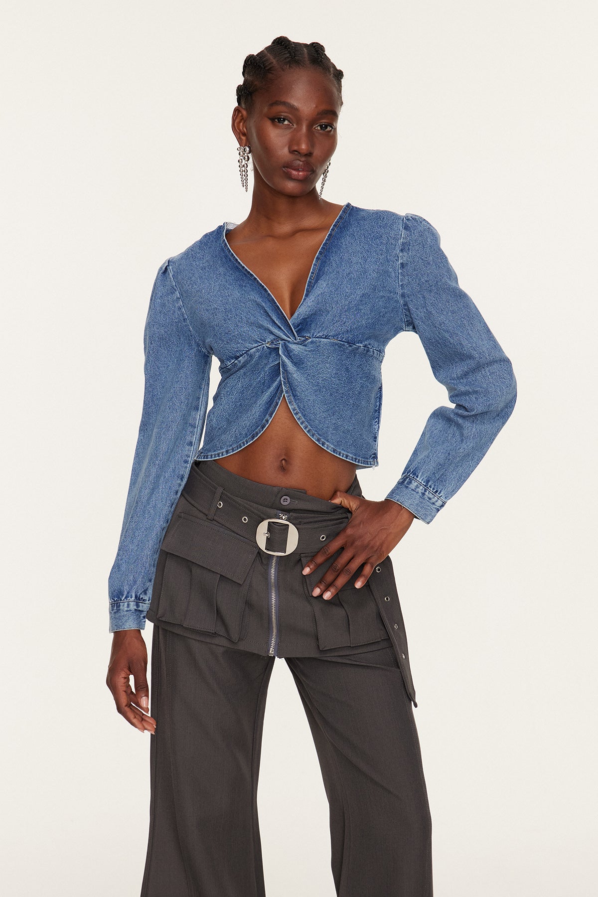 Eszti Twist Crop Denim Bluz