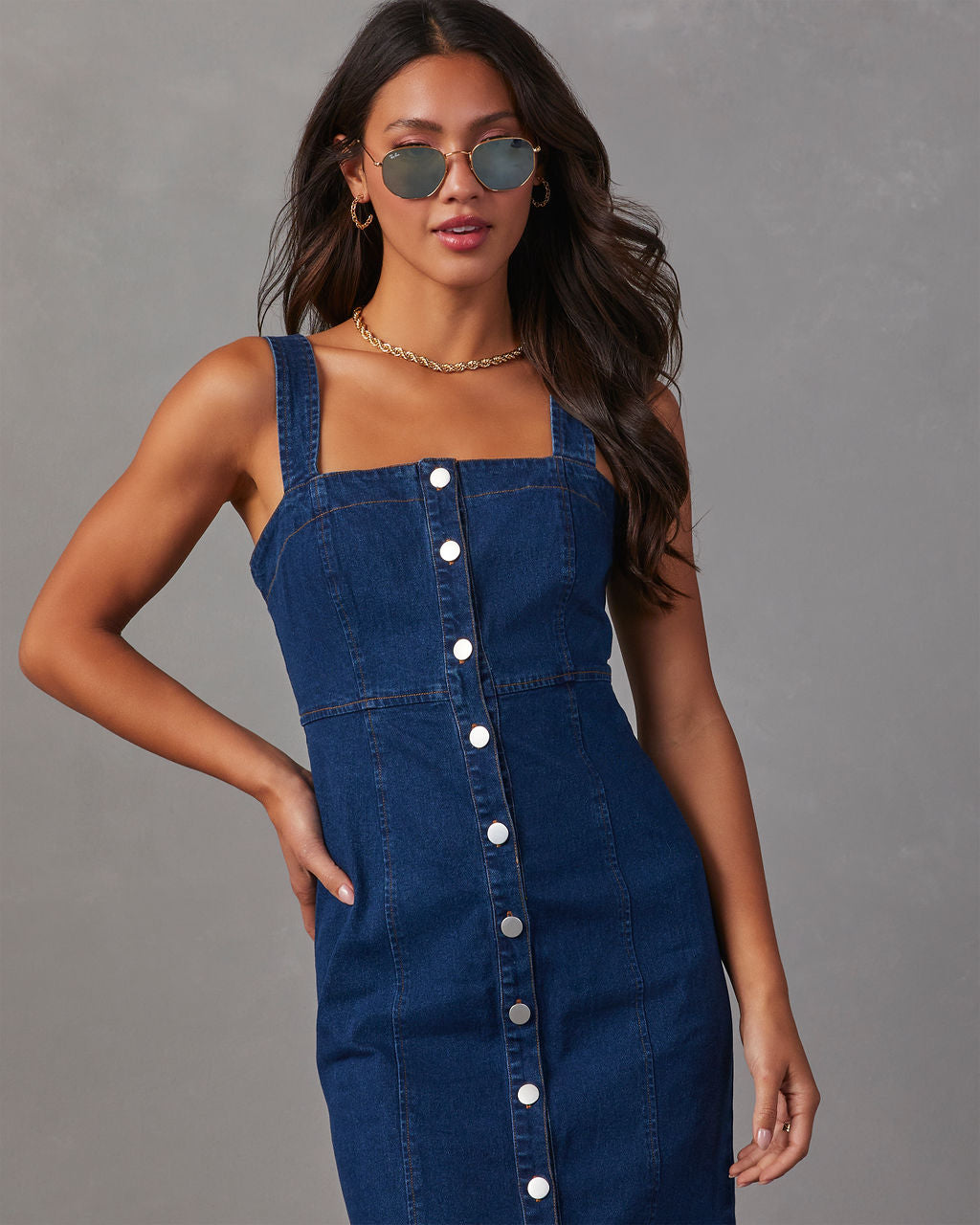 Camden Denim Önü Düğmeli Midi Elbise