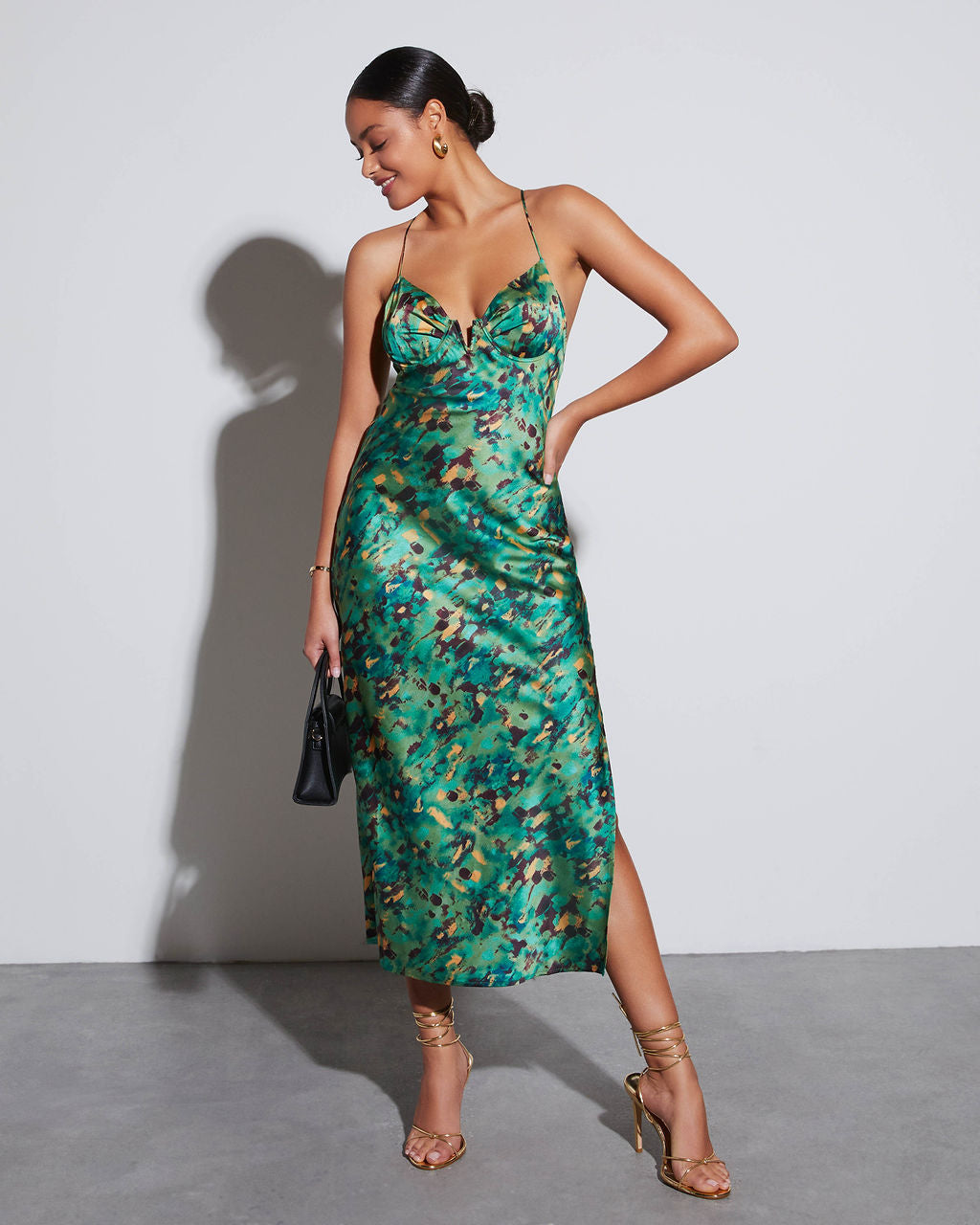 Aiko Baskılı Saten Slip Midi Elbise