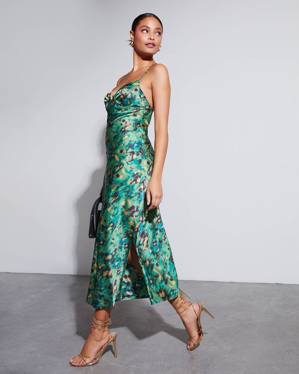 Aiko Baskılı Saten Slip Midi Elbise