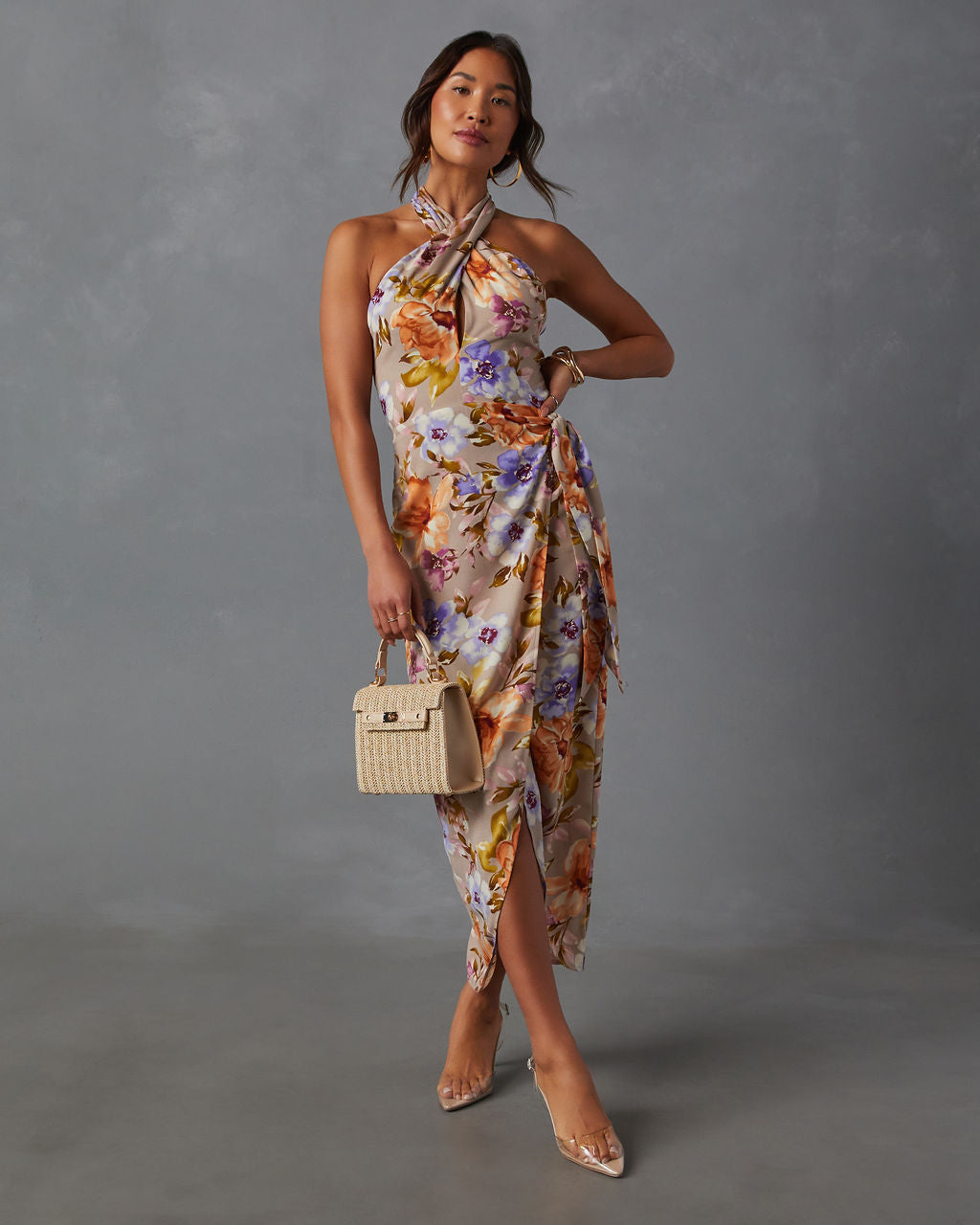 Floral Beauty Büküm Önü Boyundan Bağlamalı Midi Elbise