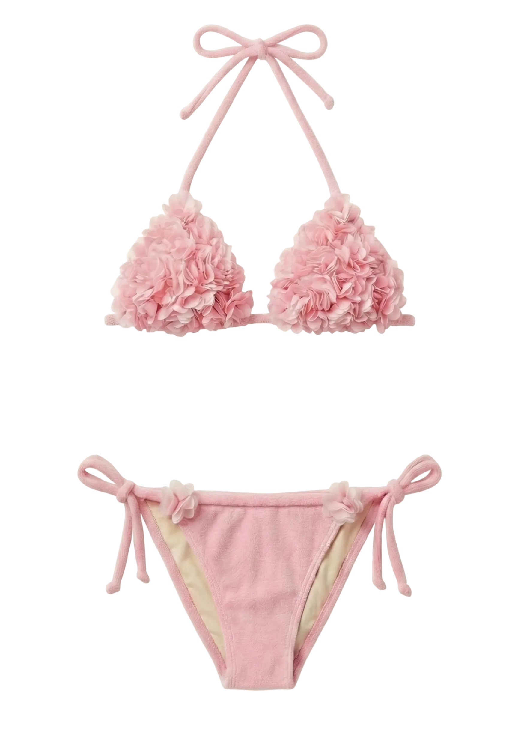 Blossom Çiçek İşlemeli Terry Üçgen Bikini Takımı Pembe