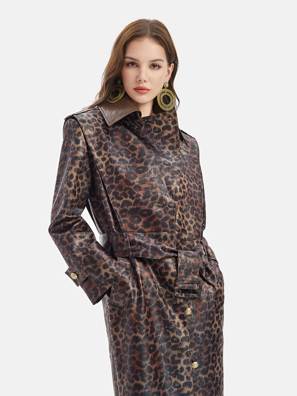 Leopar Desenli Çıkarılabilir Yaka Kaban