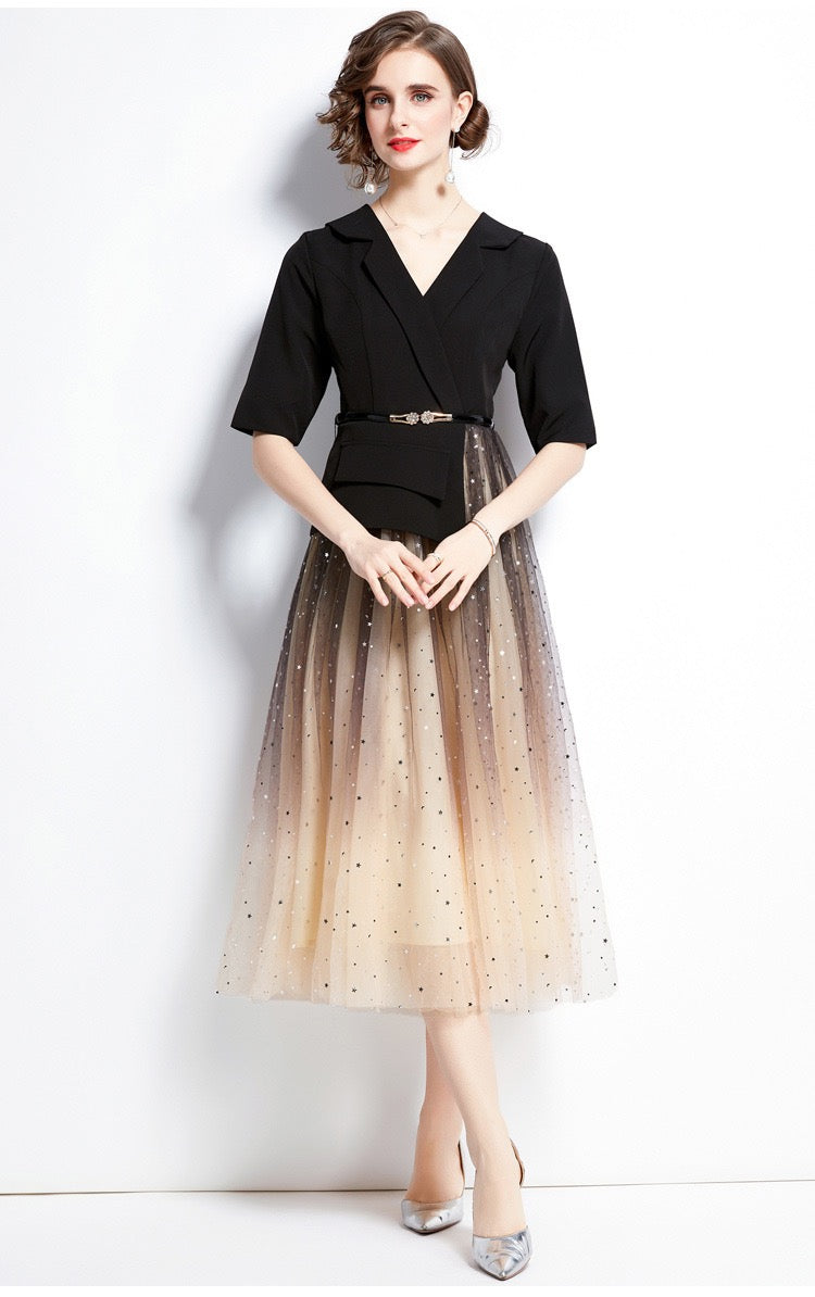 Élodie Noir Sahte İkili Midi Elbise