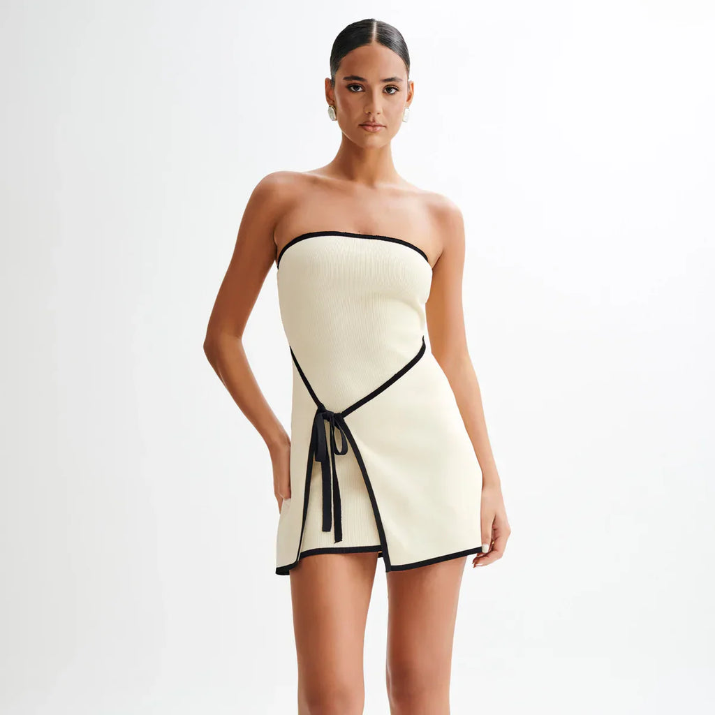 Simply Elegant Straplez Fildişi Örgü Mini Elbise ®