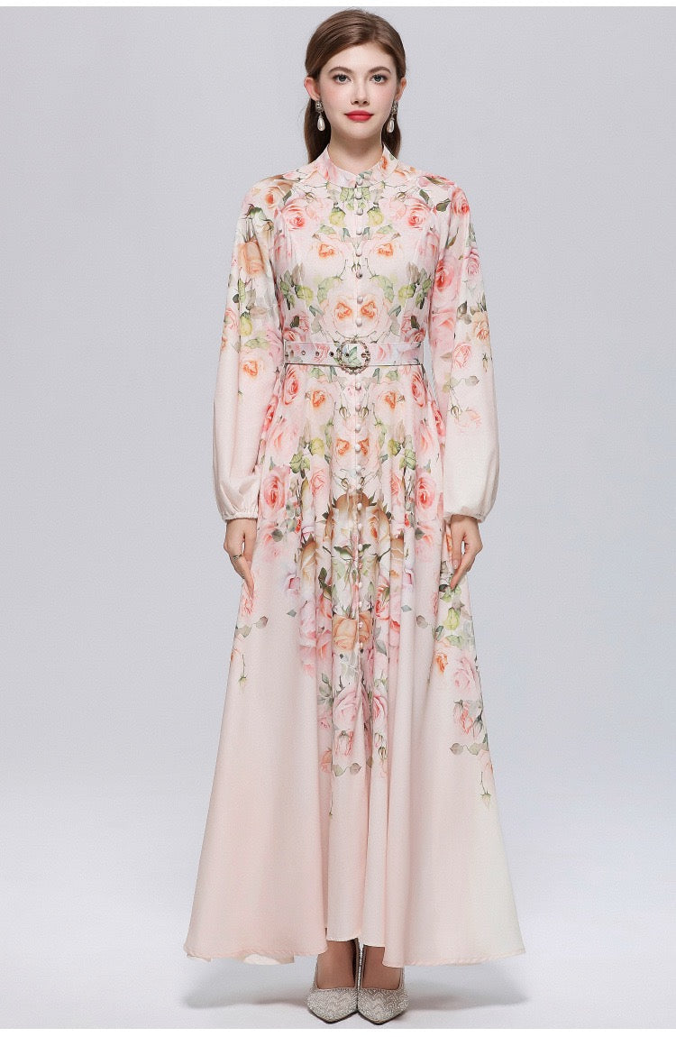 Valeria Vintage Desenli Kemerli Maxi Elbise